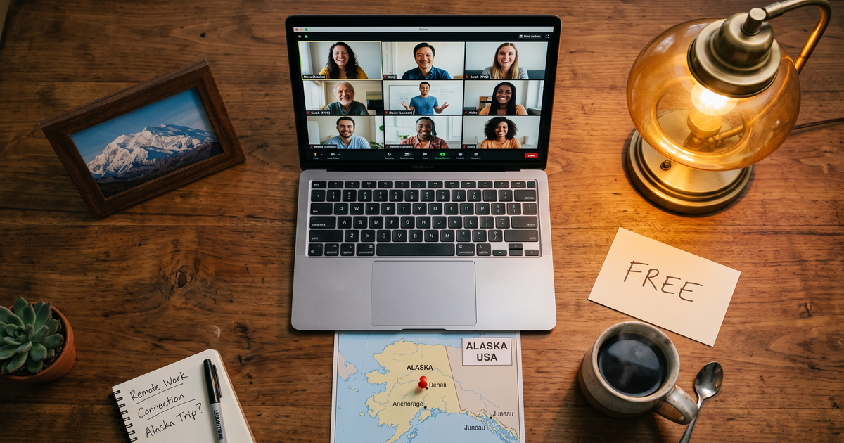 Laptop showing a Zoom recovery meeting next to a map of Alaska with a pin and a framed photo of Denali mountain, free AA and NA meetings across Alaska