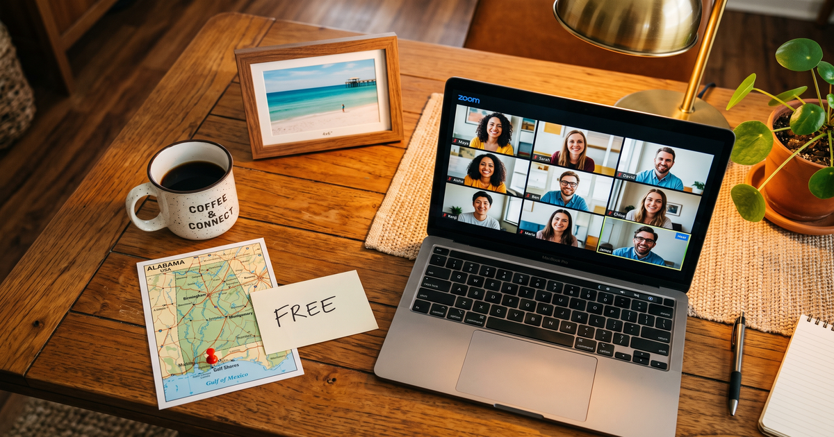 Laptop showing a Zoom recovery meeting next to a map of Alabama with a pin and a framed photo of Gulf Shores beach, free AA and NA meetings across Alabama