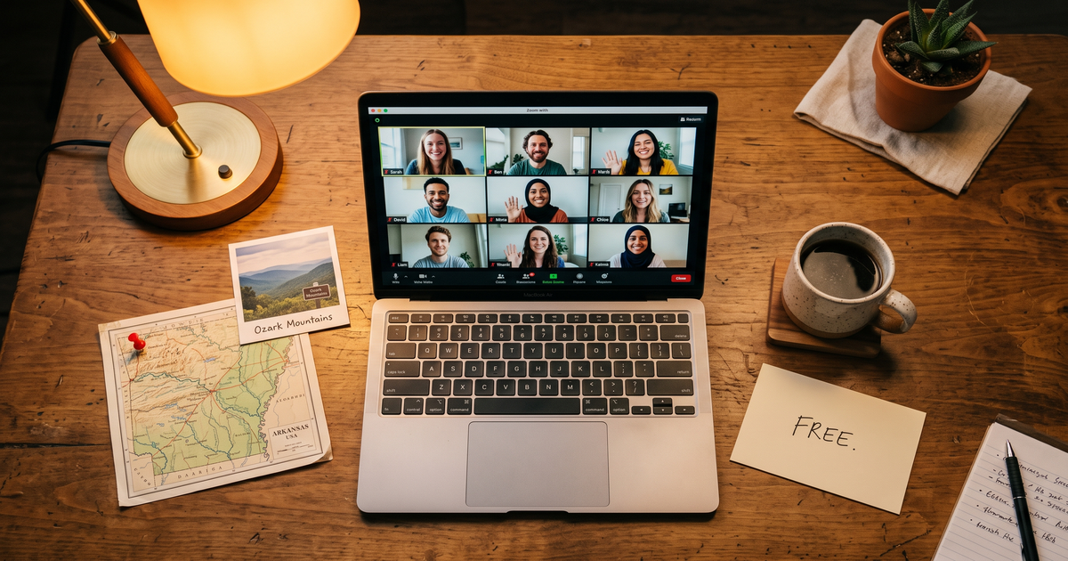Laptop showing a Zoom recovery meeting next to a map of Arkansas with a pin and a framed photo of Ozark Mountains, free AA and NA meetings across Arkansas