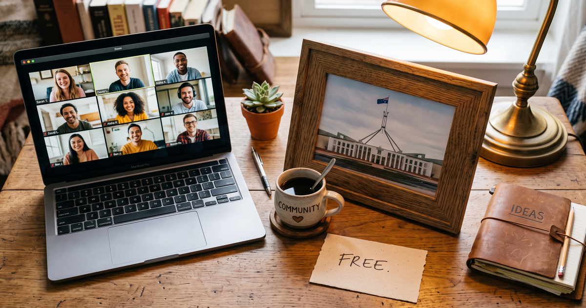 Laptop showing a Zoom recovery meeting with a framed photo of Parliament House Canberra, free AA and NA meetings in Canberra