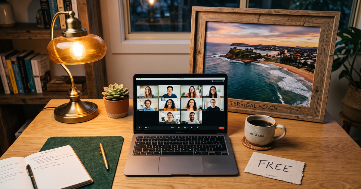 Laptop showing a Zoom recovery meeting with a framed photo of Terrigal Beach headland, free AA and NA meetings in Central Coast