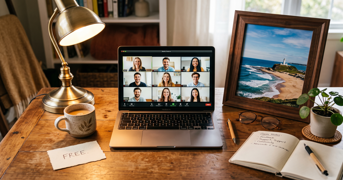Laptop showing a Zoom recovery meeting with a framed photo of Newcastle Beach and lighthouse, free AA and NA meetings in Newcastle