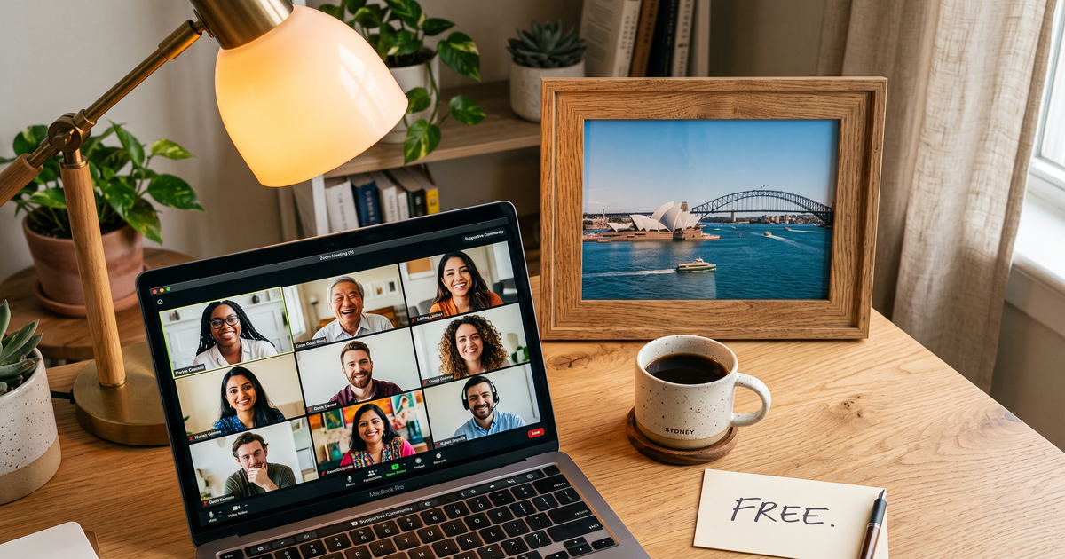 Laptop showing a Zoom recovery meeting with a framed photo of Sydney Opera House and Harbour Bridge, free AA and NA meetings in Sydney