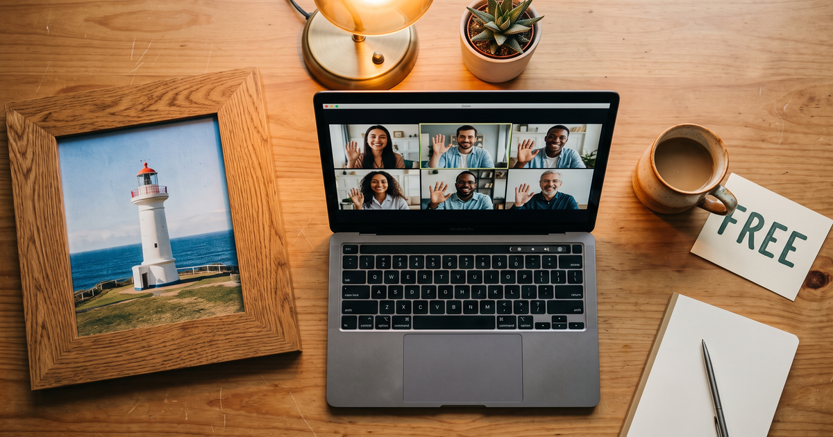 Laptop showing a Zoom recovery meeting with a framed photo of Wollongong lighthouse, free AA and NA meetings in Wollongong
