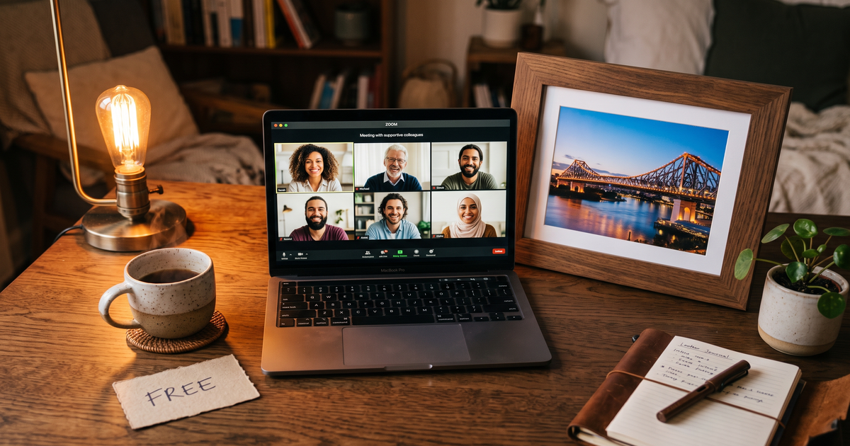 Laptop showing a Zoom recovery meeting with a framed photo of Brisbane River and Story Bridge, free AA and NA meetings in Brisbane