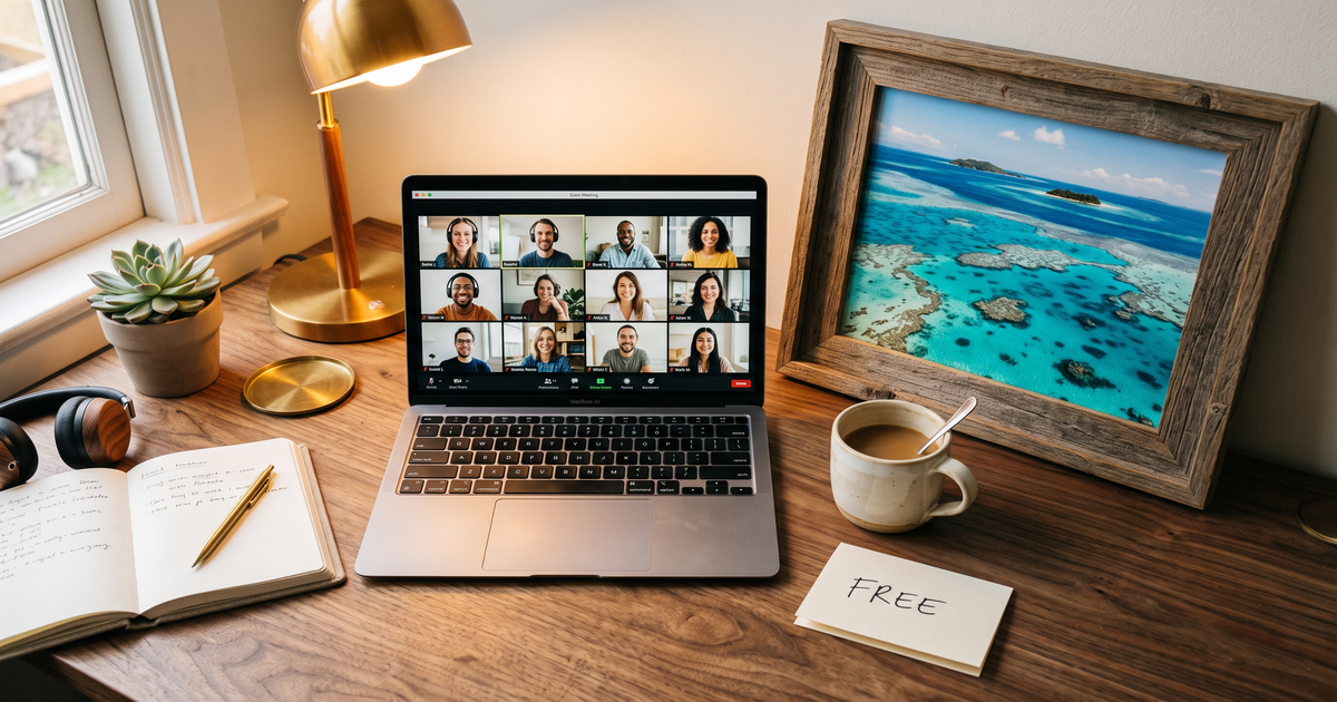 Laptop showing a Zoom recovery meeting with a framed photo of Great Barrier Reef tropical water, free AA and NA meetings in Cairns