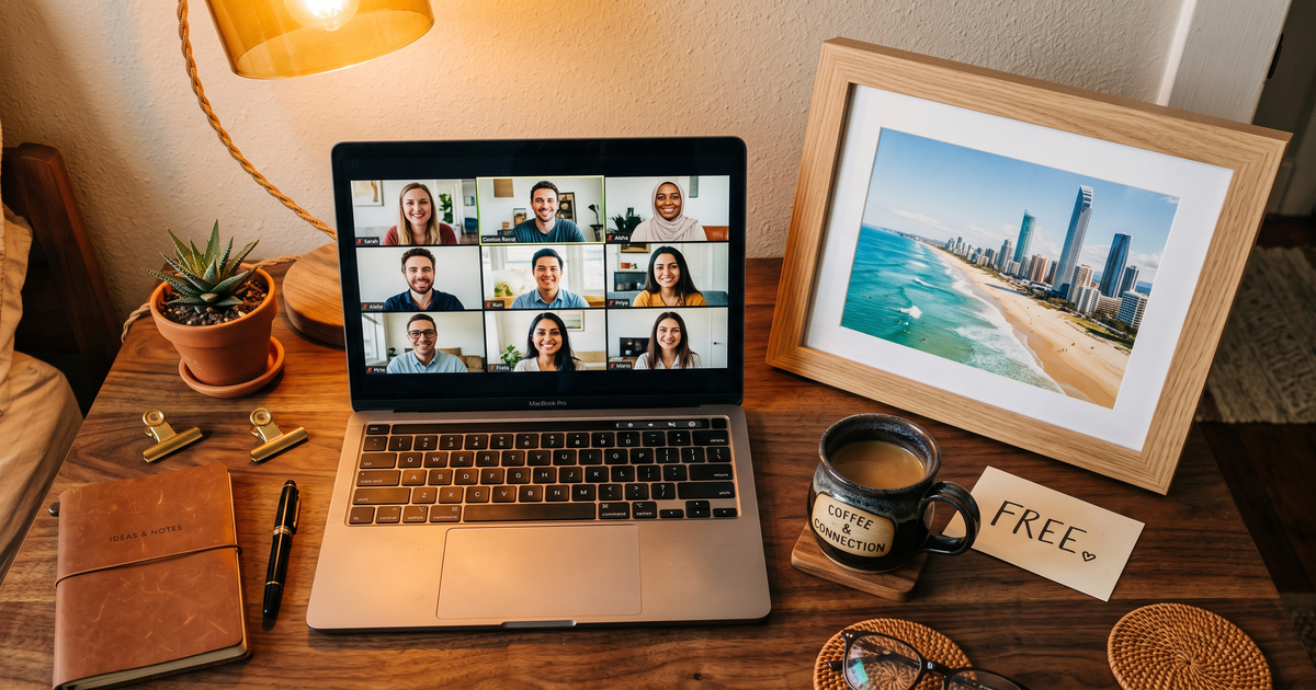 Laptop showing a Zoom recovery meeting with a framed photo of Surfers Paradise beach and skyline, free AA and NA meetings in Gold Coast