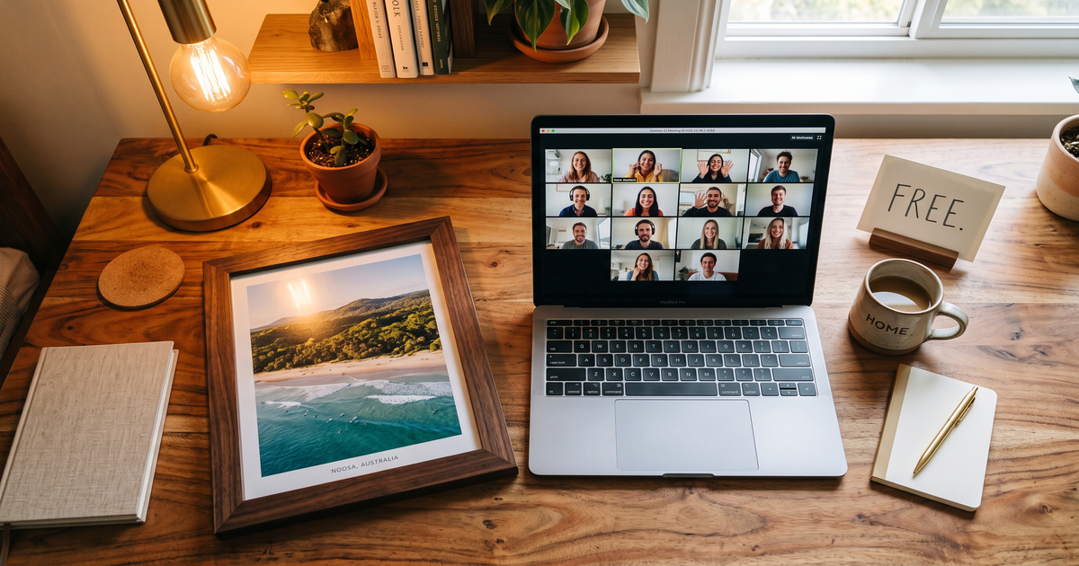 Laptop showing a Zoom recovery meeting with a framed photo of Noosa Beach and hinterland, free AA and NA meetings in Sunshine Coast