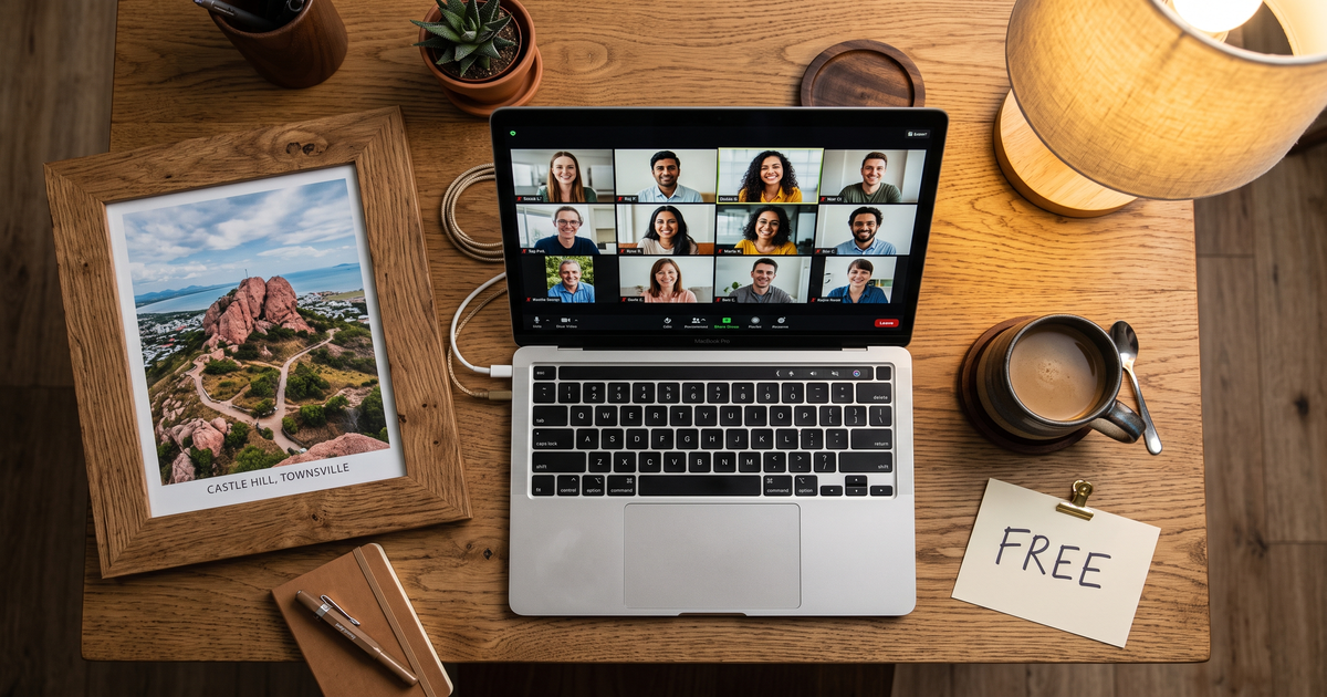 Laptop showing a Zoom recovery meeting with a framed photo of Castle Hill Townsville, free AA and NA meetings in Townsville