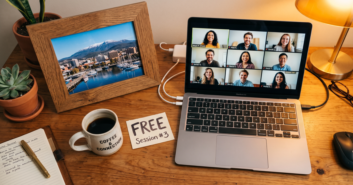 Laptop showing a Zoom recovery meeting with a framed photo of Hobart waterfront and Mount Wellington, free AA and NA meetings in Hobart