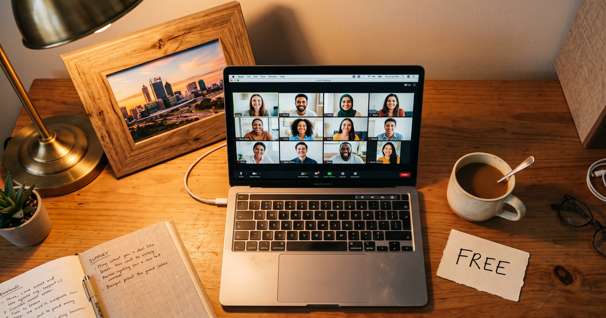 Laptop showing a Zoom recovery meeting with a framed photo of Perth skyline at sunset, free AA and NA meetings in Perth