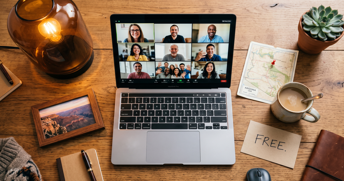 Laptop showing a Zoom recovery meeting next to a map of Arizona with a pin and a framed photo of Grand Canyon, free AA and NA meetings across Arizona