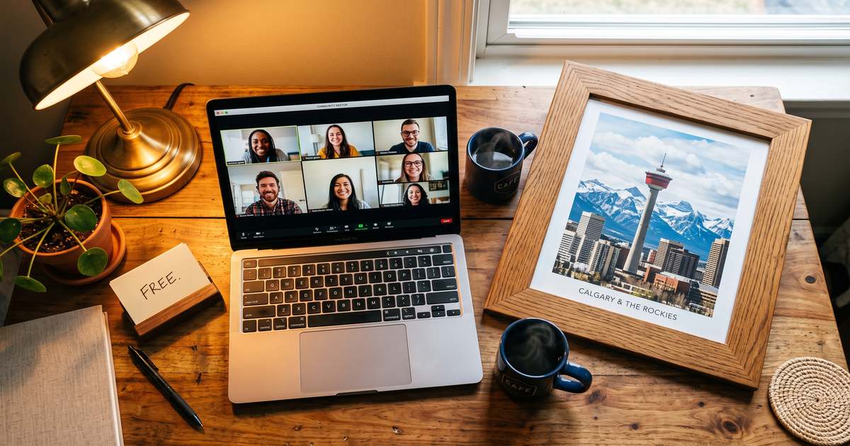 Laptop showing a Zoom recovery meeting with a framed photo of Calgary Tower and Rocky Mountain backdrop, free AA and NA meetings in Calgary