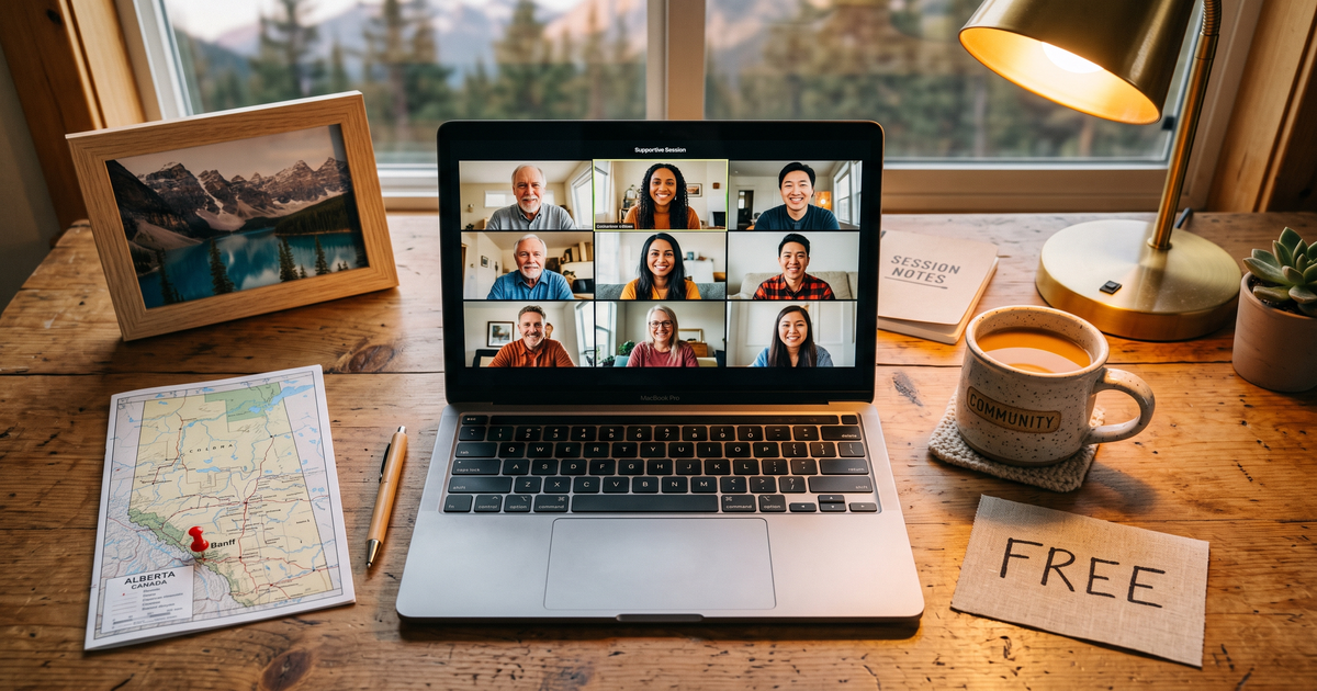 Laptop showing a Zoom recovery meeting next to a map of Alberta with a pin and a framed photo of Rocky Mountains near Banff, free AA and NA meetings across Alberta