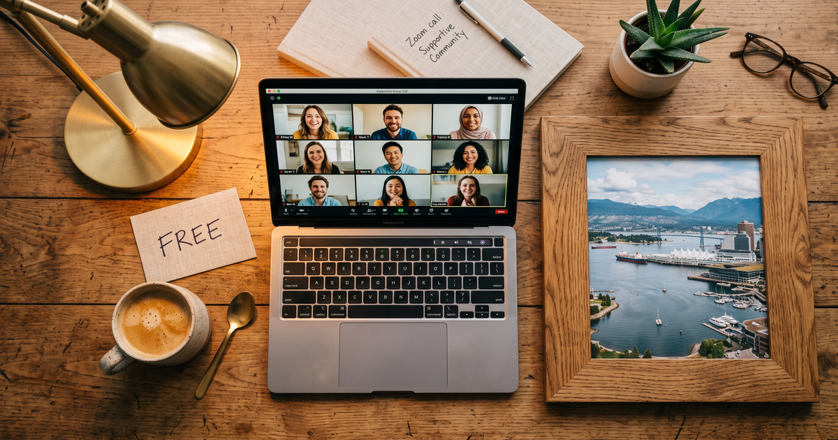 Laptop showing a Zoom recovery meeting with a framed photo of Vancouver harbor and mountains, free AA and NA meetings in Vancouver
