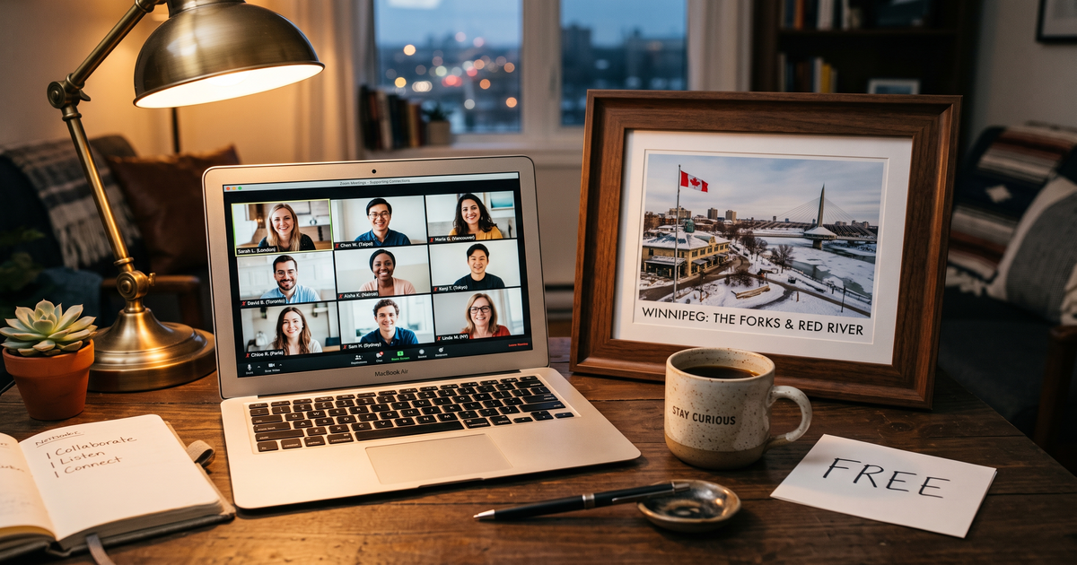 Laptop showing a Zoom recovery meeting with a framed photo of Winnipeg Forks and Red River, free AA and NA meetings in Winnipeg