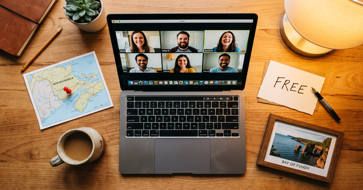 Laptop showing a Zoom recovery meeting next to a map of New Brunswick with a pin and a framed photo of Bay of Fundy, free AA and NA meetings across New Brunswick
