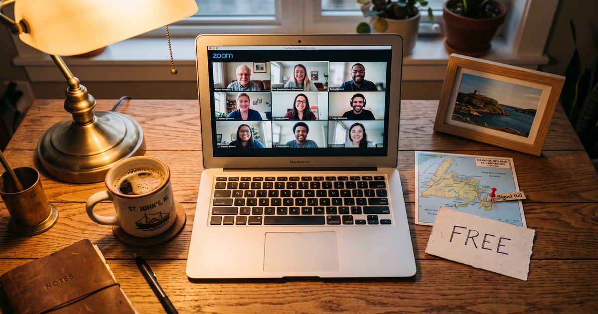 Laptop showing a Zoom recovery meeting next to a map of Newfoundland and Labrador with a pin and a framed photo of Signal Hill St Johns, free AA and NA meetings across Newfoundland and Labrador