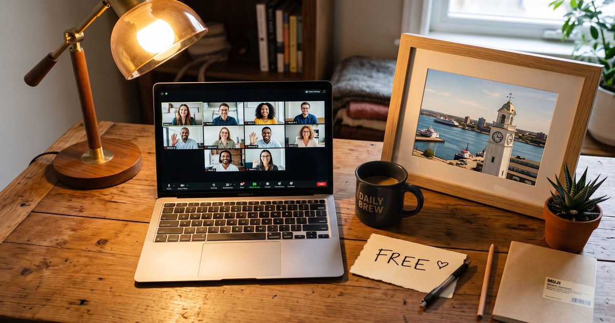 Laptop showing a Zoom recovery meeting with a framed photo of Halifax harbor and clock tower, free AA and NA meetings in Halifax