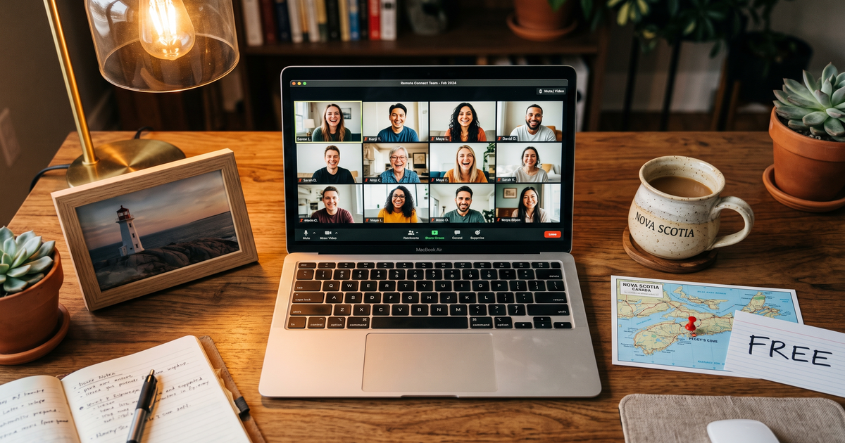 Laptop showing a Zoom recovery meeting next to a map of Nova Scotia with a pin and a framed photo of Peggy Cove lighthouse, free AA and NA meetings across Nova Scotia