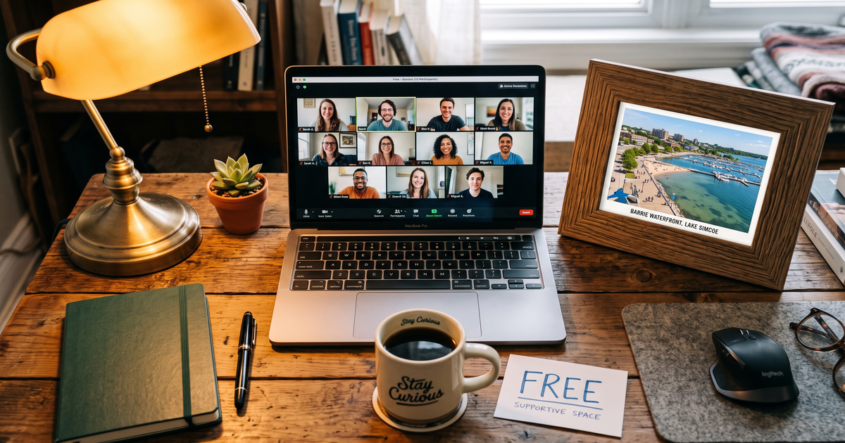 Laptop showing a Zoom recovery meeting with a framed photo of Lake Simcoe Barrie waterfront, free AA and NA meetings in Barrie