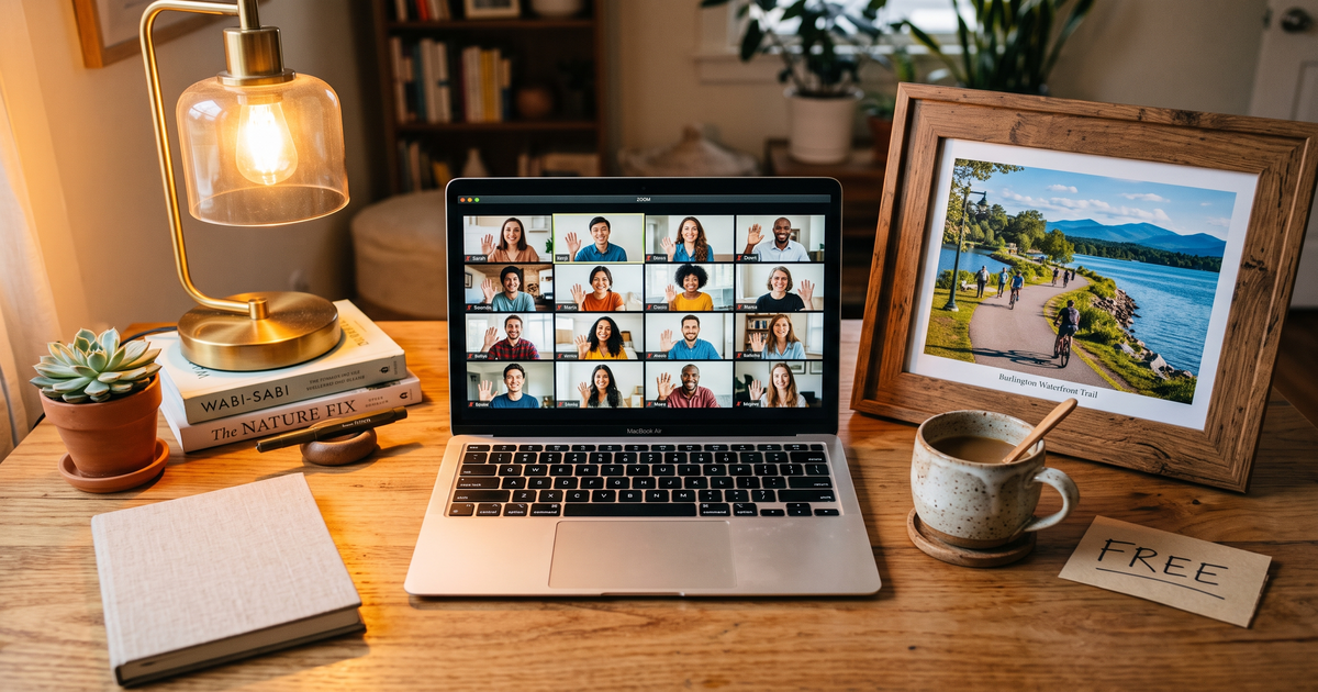 Laptop showing a Zoom recovery meeting with a framed photo of Burlington waterfront trail, free AA and NA meetings in Burlington