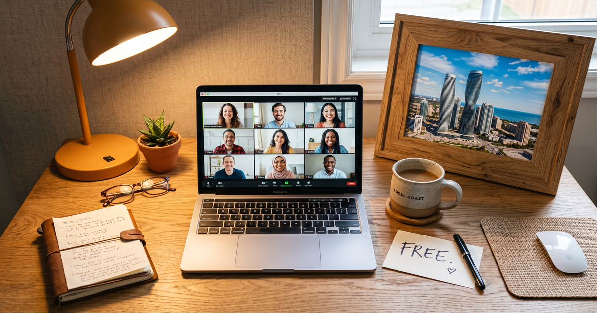 Laptop showing a Zoom recovery meeting with a framed photo of Mississauga skyline, free AA and NA meetings in Mississauga