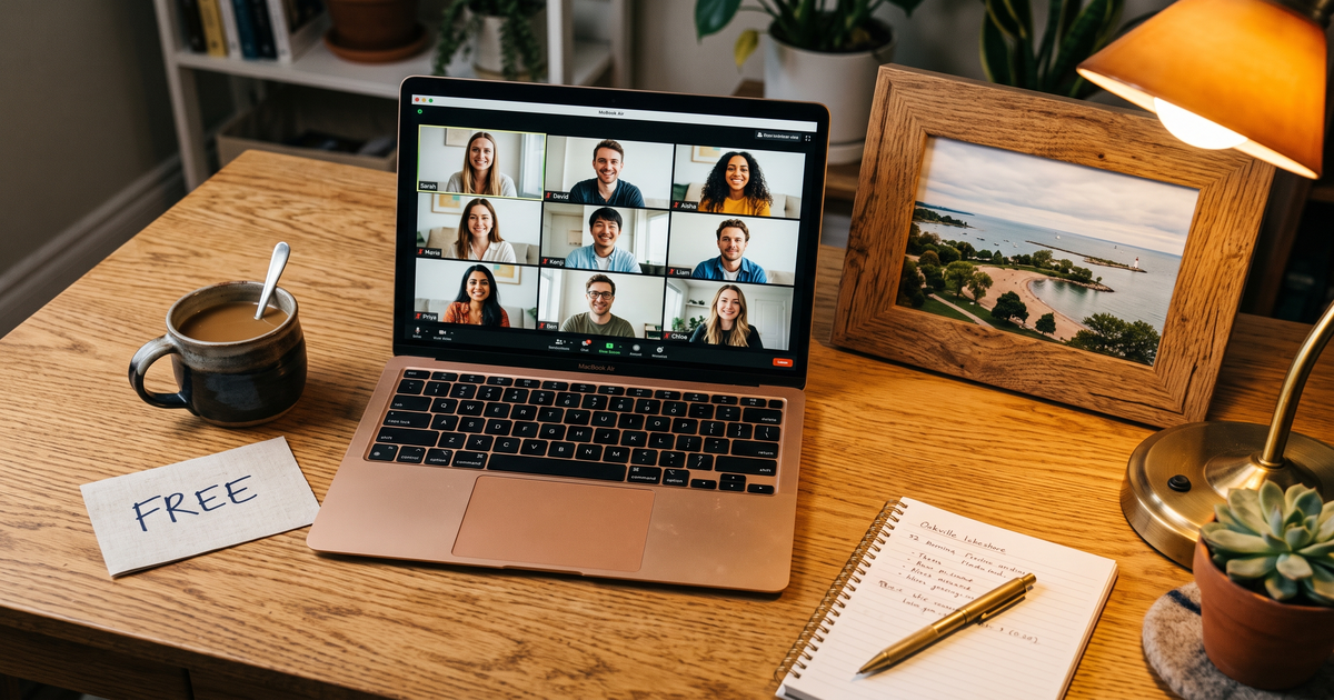 Laptop showing a Zoom recovery meeting with a framed photo of Oakville lakeshore, free AA and NA meetings in Oakville