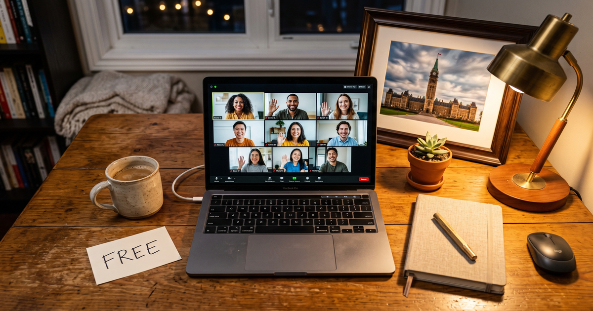 Laptop showing a Zoom recovery meeting with a framed photo of Parliament Hill Ottawa, free AA and NA meetings in Ottawa