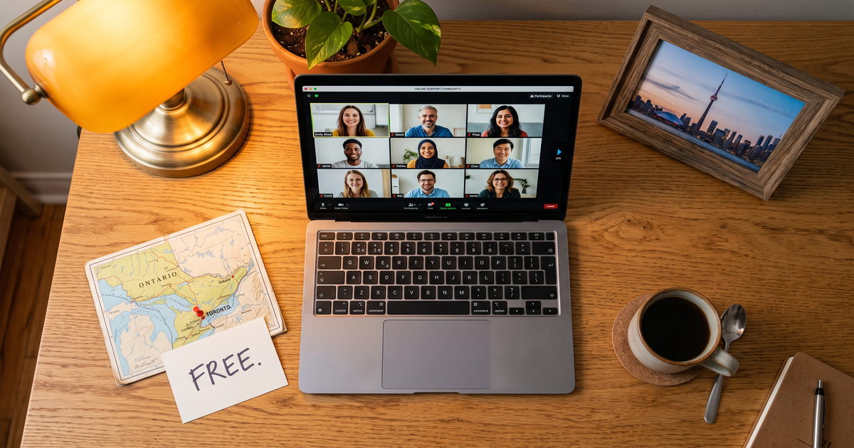 Laptop showing a Zoom recovery meeting next to a map of Ontario with a pin and a framed photo of Toronto CN Tower skyline, free AA and NA meetings across Ontario