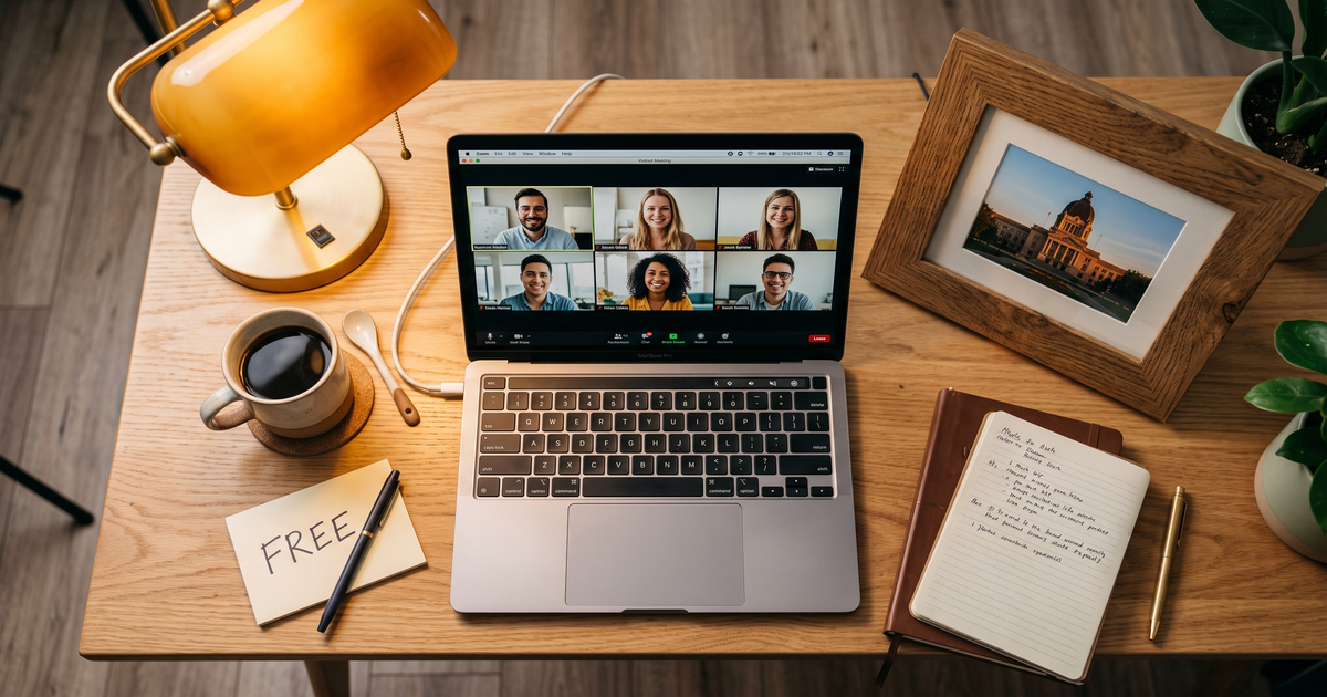 Laptop showing a Zoom recovery meeting with a framed photo of Saskatchewan Legislative Building, free AA and NA meetings in Regina