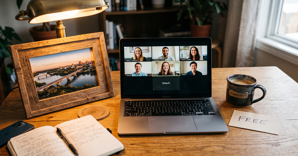 Laptop showing a Zoom recovery meeting with a framed photo of Saskatoon river bridges, free AA and NA meetings in Saskatoon