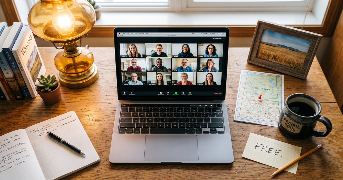 Laptop showing a Zoom recovery meeting next to a map of Saskatchewan with a pin and a framed photo of prairie wheat field, free AA and NA meetings across Saskatchewan