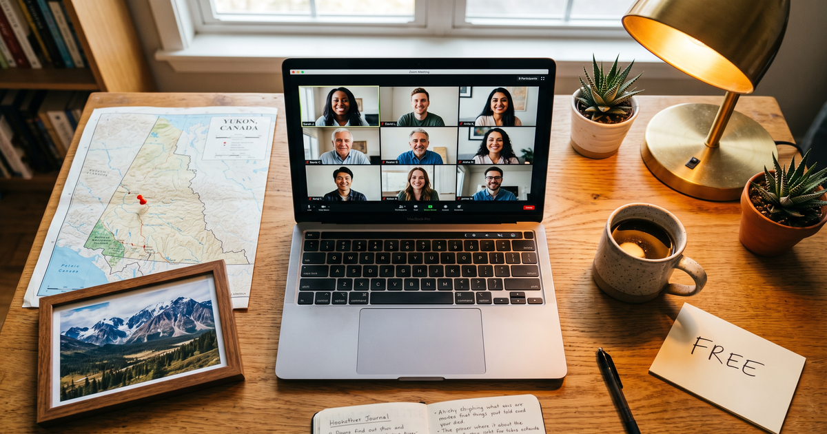 Laptop showing a Zoom recovery meeting next to a map of Yukon with a pin and a framed photo of Kluane mountains wilderness, free AA and NA meetings across Yukon