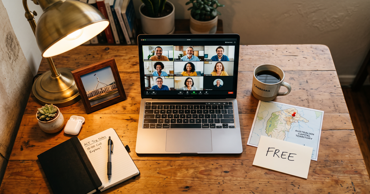 Laptop showing a Zoom recovery meeting next to a map of the ACT with a pin on Canberra and a Parliament House photo, free AA and NA meetings in the Australian Capital Territory