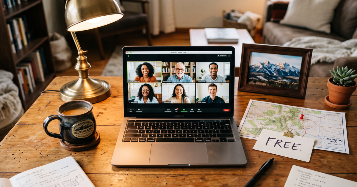 Laptop showing a Zoom recovery meeting next to a map of Colorado with a pin and a framed photo of Rocky Mountains, free AA and NA meetings across Colorado