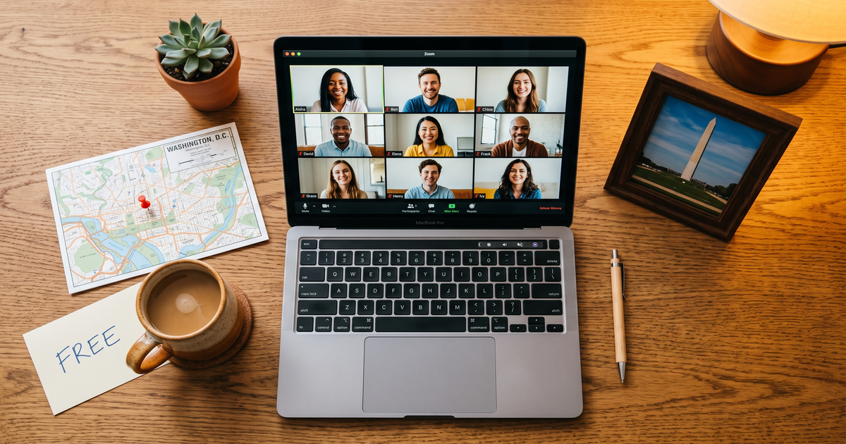 Laptop showing a Zoom recovery meeting next to a map of District of Columbia with a pin and a framed photo of Washington Monument, free AA and NA meetings across District of Columbia