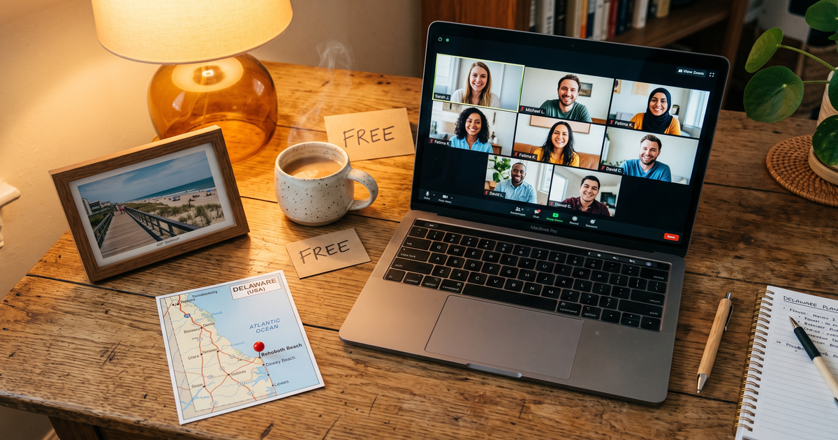 Laptop showing a Zoom recovery meeting next to a map of Delaware with a pin and a framed photo of Rehoboth Beach, free AA and NA meetings across Delaware