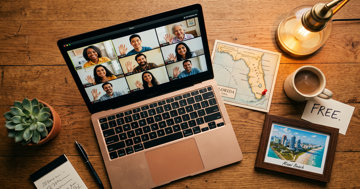 Laptop showing a Zoom recovery meeting next to a map of Florida with a pin and a framed photo of Miami Beach, free AA and NA meetings across Florida