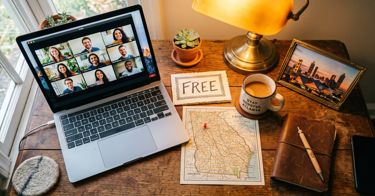 Laptop showing a Zoom recovery meeting next to a map of Georgia with a pin and a framed photo of Atlanta skyline, free AA and NA meetings across Georgia