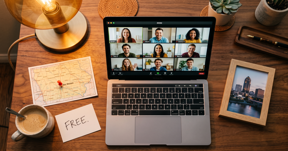 Laptop showing a Zoom recovery meeting next to a map of Iowa with a pin and a framed photo of Des Moines skyline, free AA and NA meetings across Iowa