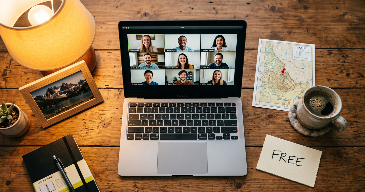 Laptop showing a Zoom recovery meeting next to a map of Idaho with a pin and a framed photo of Sawtooth Mountains, free AA and NA meetings across Idaho