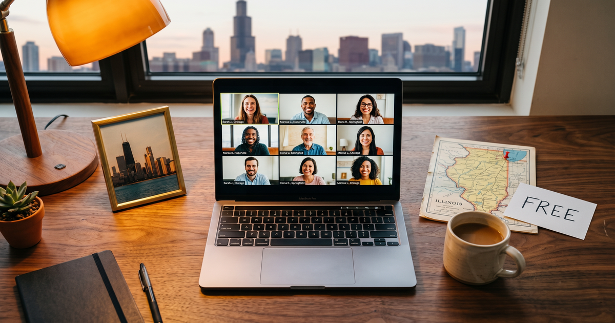 Laptop showing a Zoom recovery meeting next to a map of Illinois with a pin and a framed photo of Chicago skyline, free AA and NA meetings across Illinois