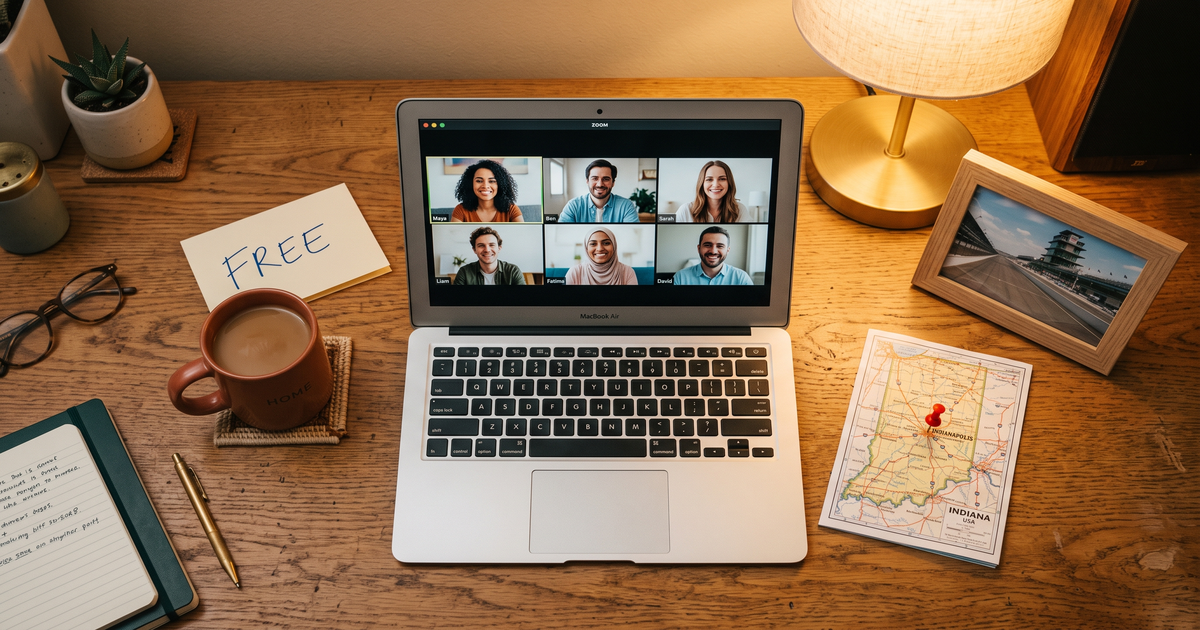 Laptop showing a Zoom recovery meeting next to a map of Indiana with a pin and a framed photo of Indianapolis Motor Speedway, free AA and NA meetings across Indiana