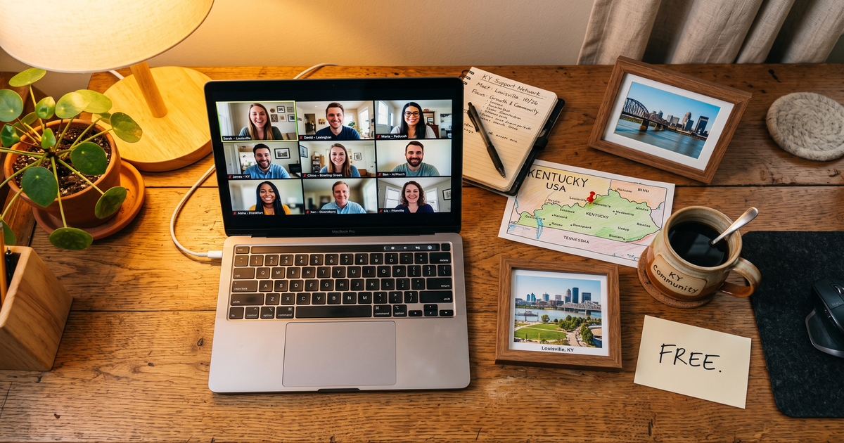 Laptop showing a Zoom recovery meeting next to a map of Kentucky with a pin and a framed photo of Louisville waterfront, free AA and NA meetings across Kentucky