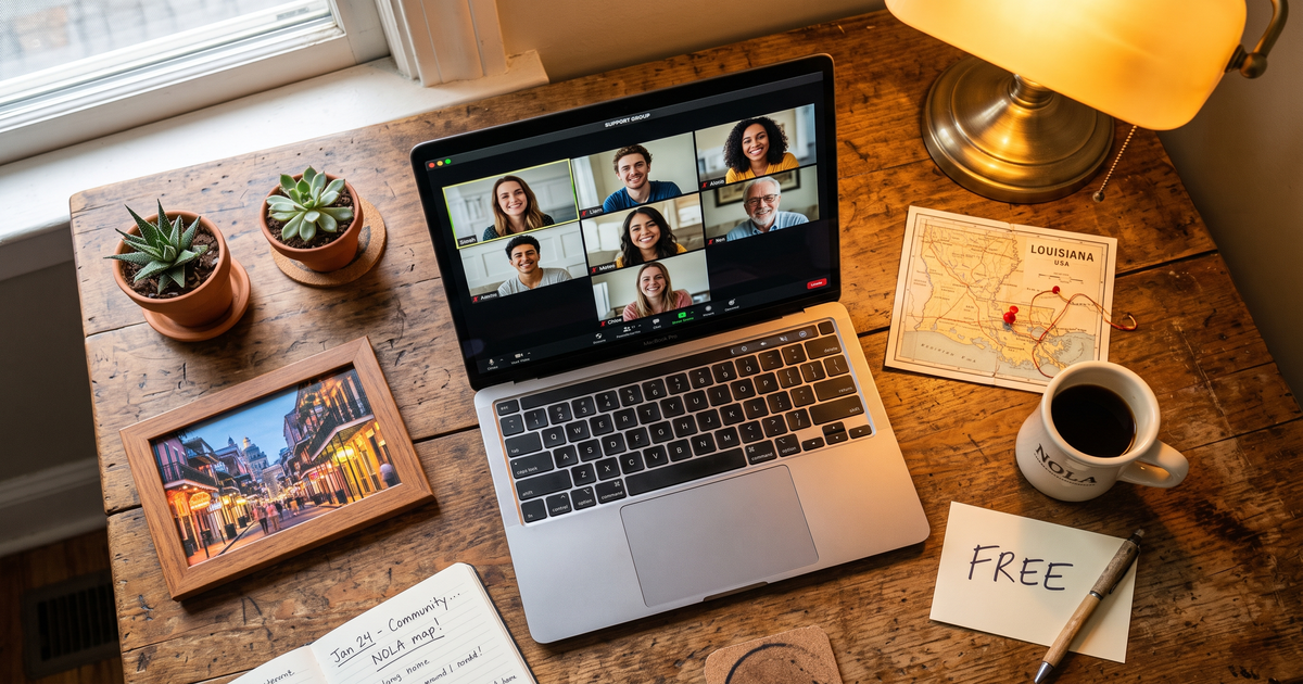 Laptop showing a Zoom recovery meeting next to a map of Louisiana with a pin and a framed photo of New Orleans French Quarter, free AA and NA meetings across Louisiana
