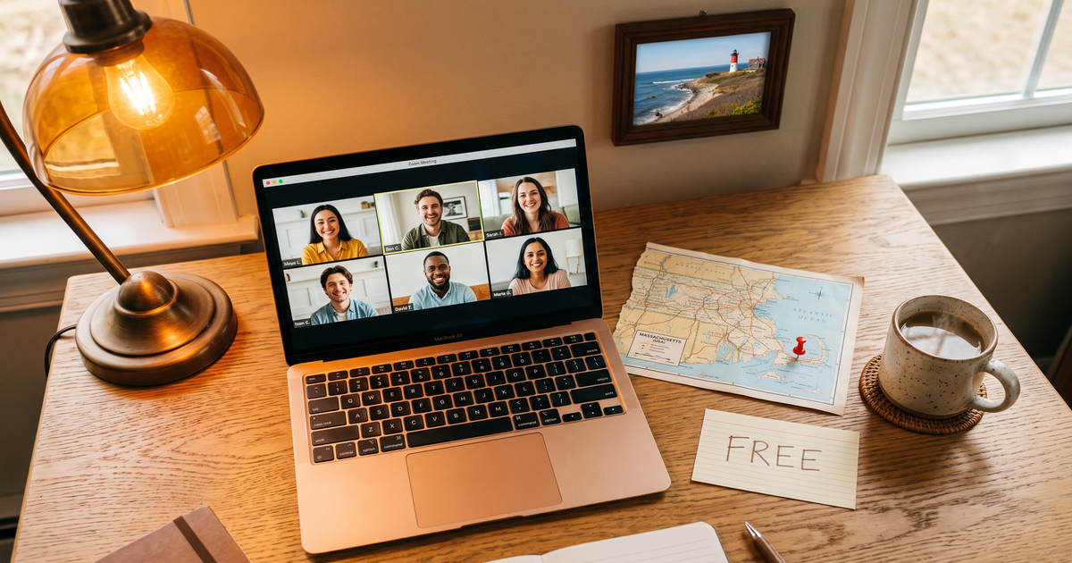 Laptop showing a Zoom recovery meeting next to a map of Massachusetts with a pin and a framed photo of Cape Cod, free AA and NA meetings across Massachusetts