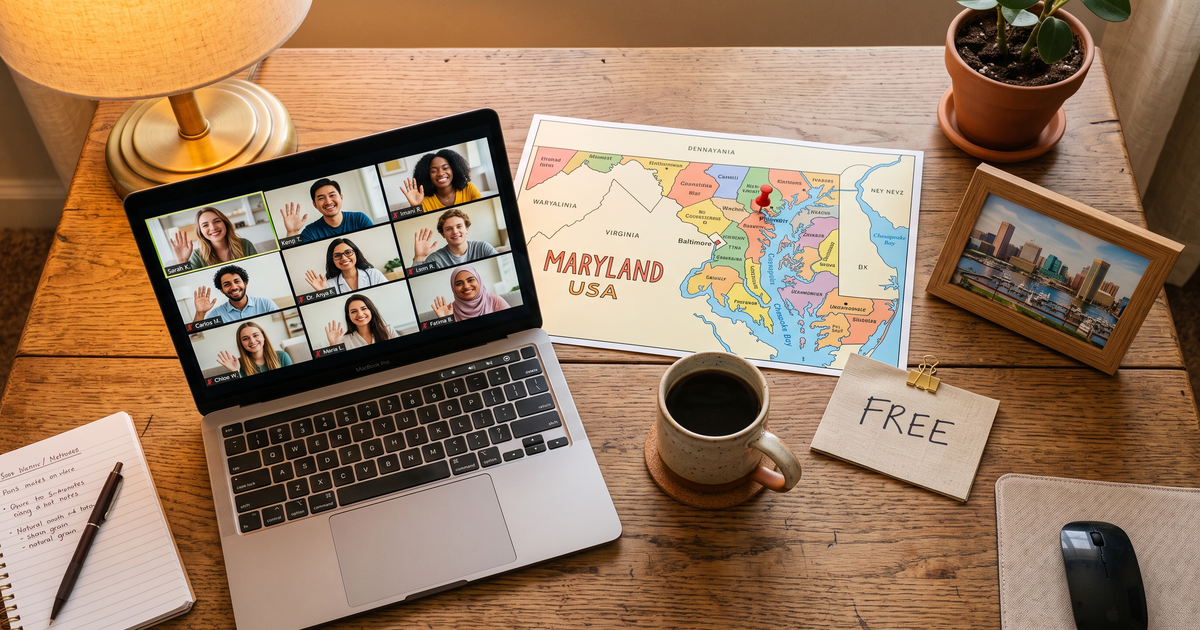 Laptop showing a Zoom recovery meeting next to a map of Maryland with a pin and a framed photo of Baltimore harbor, free AA and NA meetings across Maryland