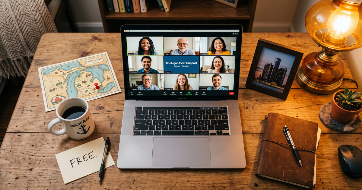 Laptop showing a Zoom recovery meeting next to a map of Michigan with a pin and a framed photo of Detroit skyline, free AA and NA meetings across Michigan