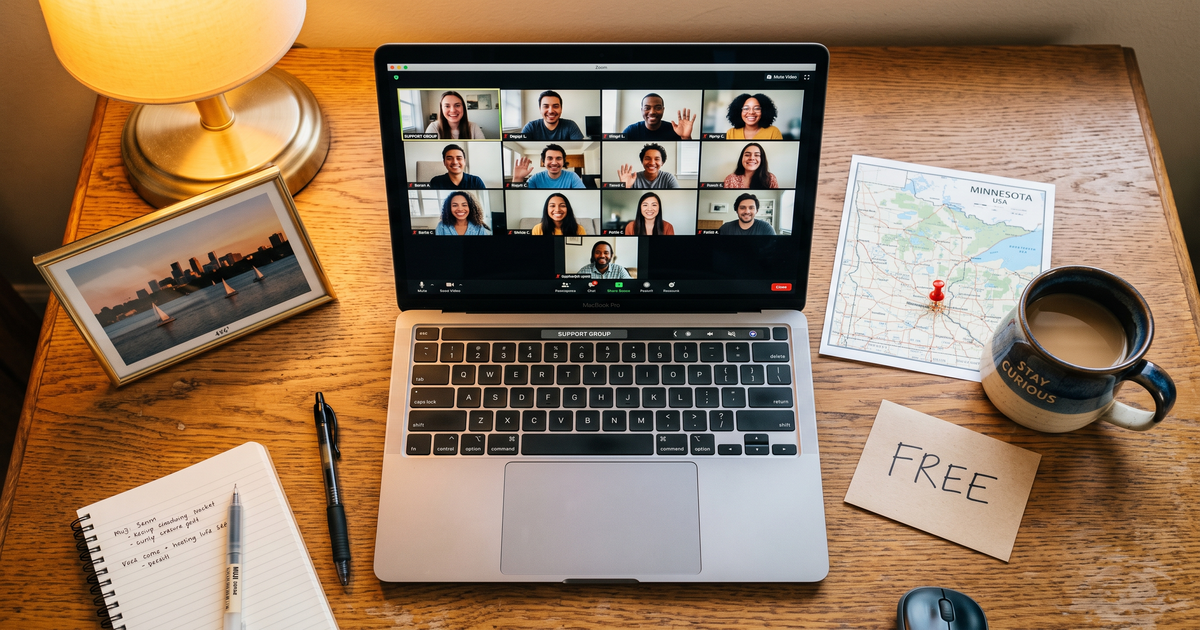 Laptop showing a Zoom recovery meeting next to a map of Minnesota with a pin and a framed photo of Minneapolis lakes, free AA and NA meetings across Minnesota